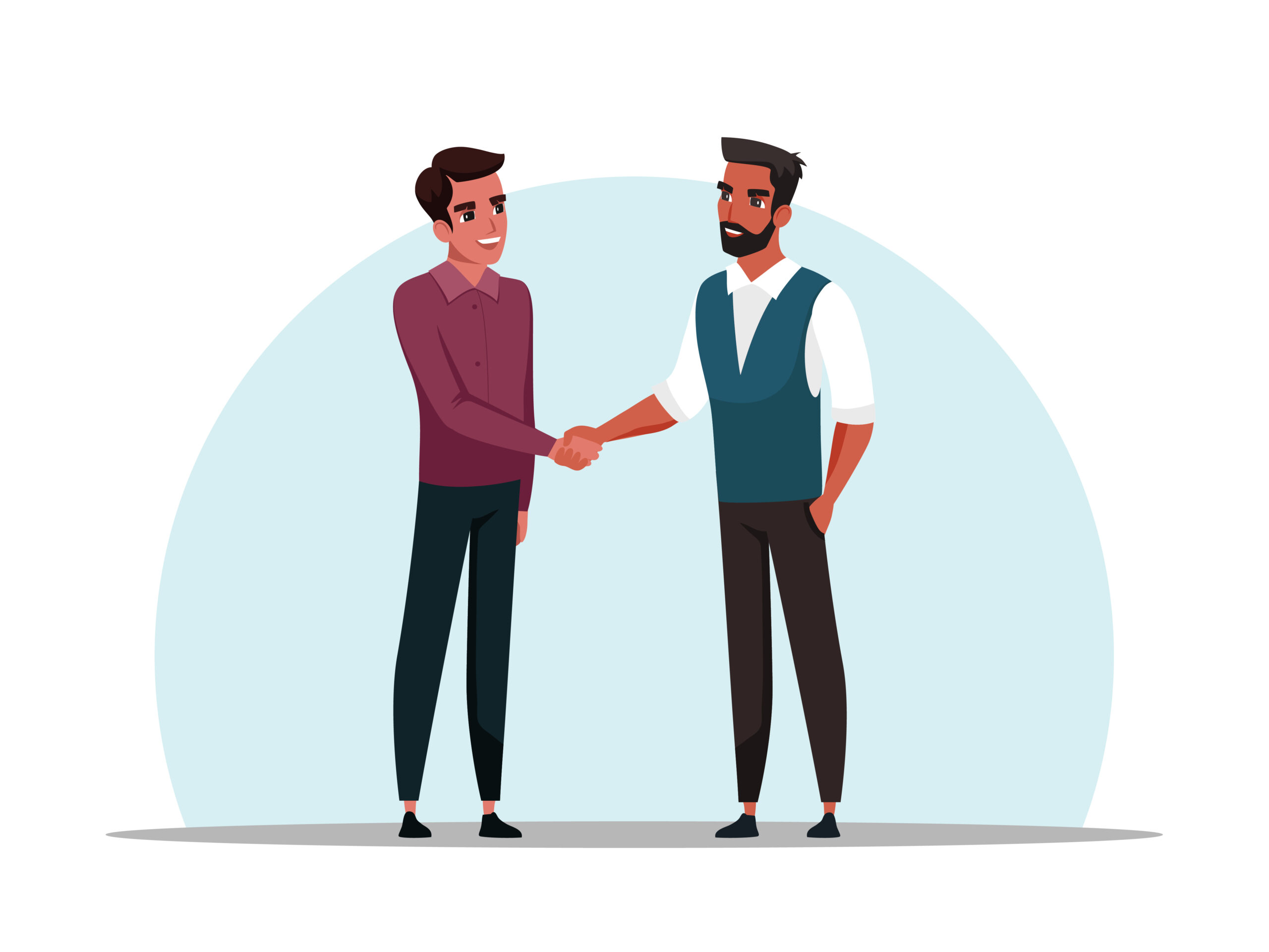 two men shake hands with each other isolated on white background. meeting and greeting friends, businessmen deal agreement, illustration of partnership cooperation, communication